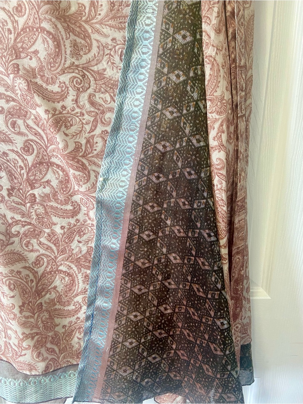 100% Upcycled Sari Silk Adjustable, Reversible, Wrap Skirt, Made in India - Picture 7 of 10